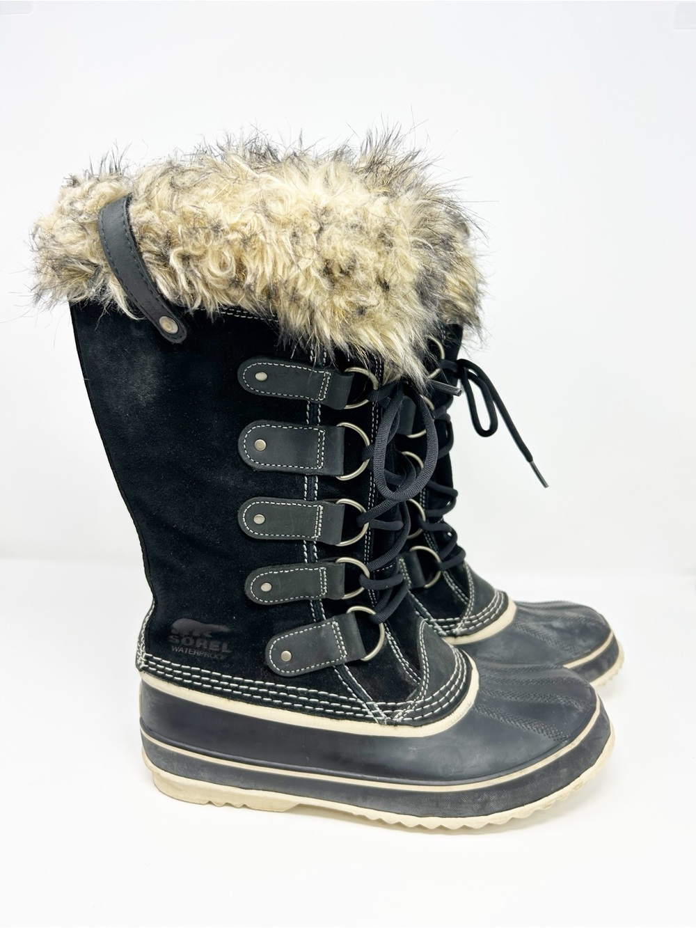 SOREL Joan of Arctic Womens Waterproof Snow Boots Black Faux Fur Lace-Up Size 10